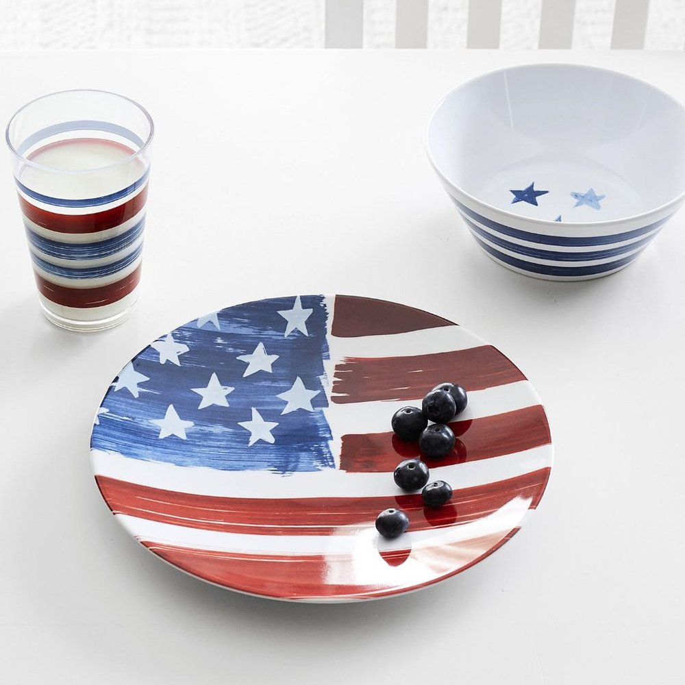 NEW RARE Pottery Barn Kids 3 Piece American Flag Dinner Set Plate, Bowl, Tumbler